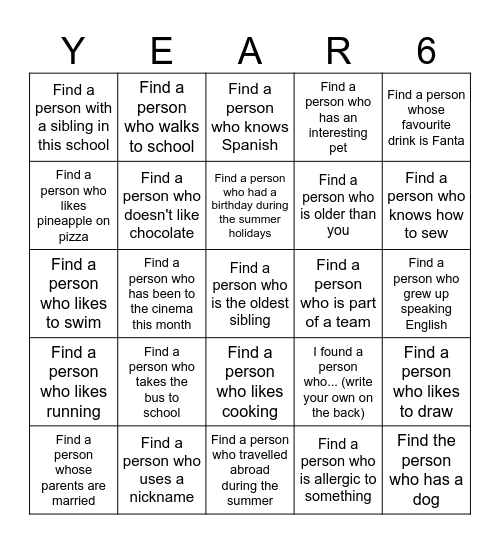 School icebreaker Bingo Card