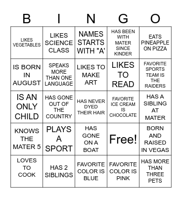 FIND A FRIEND BINGO Card