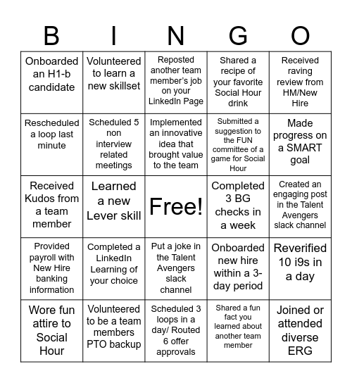 Recruiting Coordinator Bingo Card