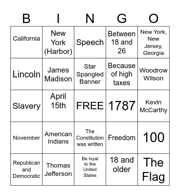 Citizenship Bingo Card