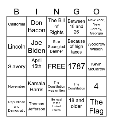 Citizenship Bingo Card