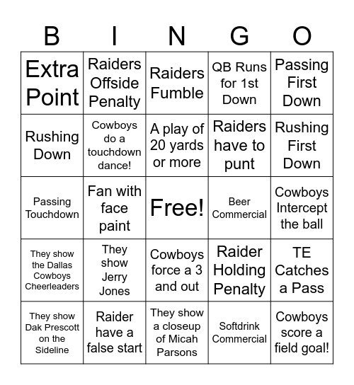 Dallas Cowboys Preseason Game Bingo Card