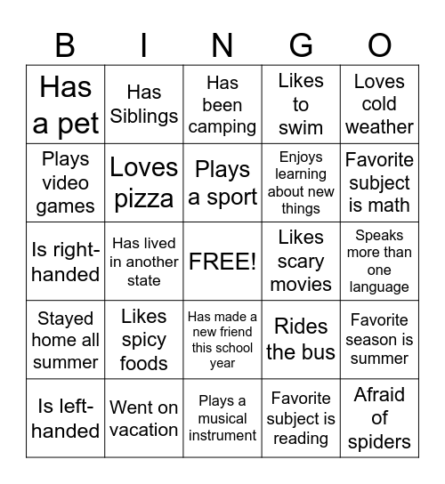 New Student Bingo Card