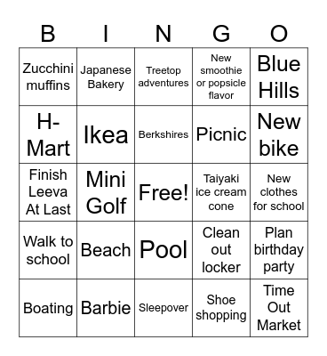 Summer Bucket List Bingo Card