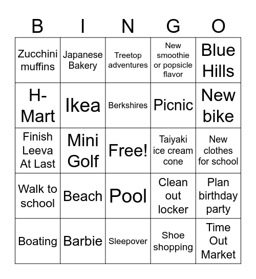 Summer Bucket List Bingo Card