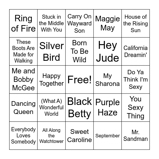 '60s & '70s Bingo Card