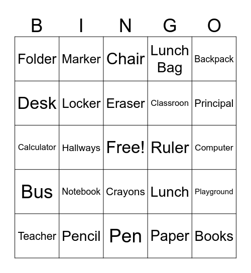 BACK TO SCHOOL Bingo Card