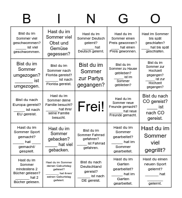 Sommerferien 2023 Bingo Card