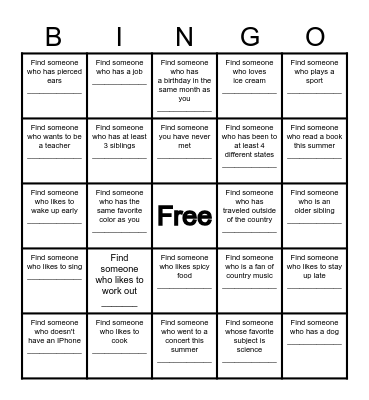 Find a Friend Bingo Card