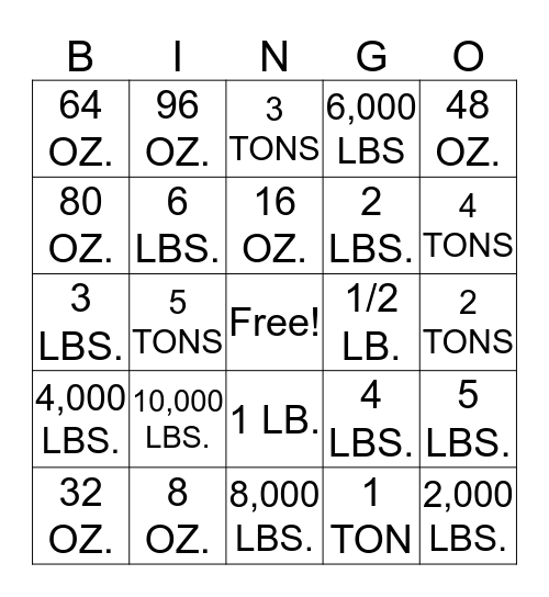 OUNCES/POUNDS/TONS Bingo Card