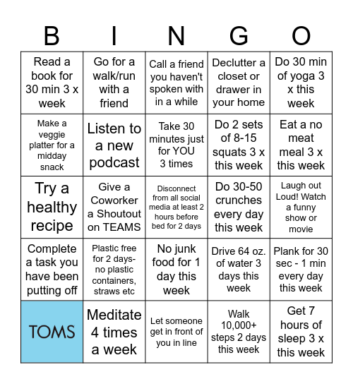 Wellness Bingo - Week 2 Bingo Card