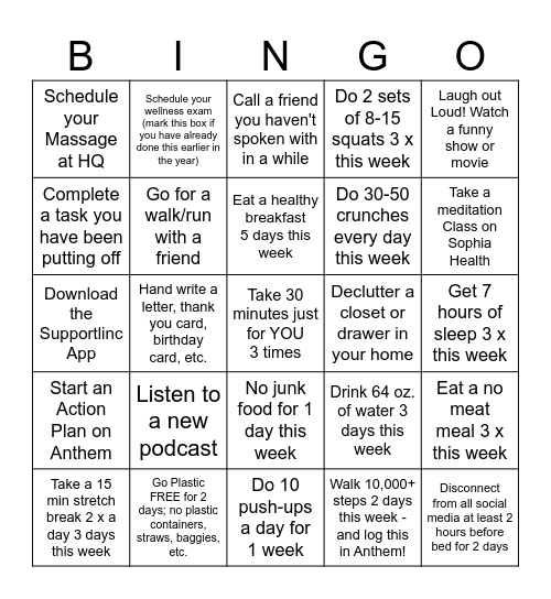 Wellness Bingo - Week 2 Bingo Card