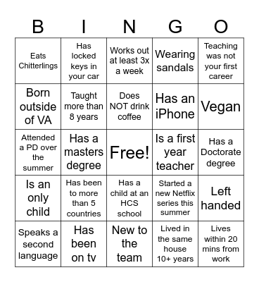 Teacher Icebreaker Bingo Card