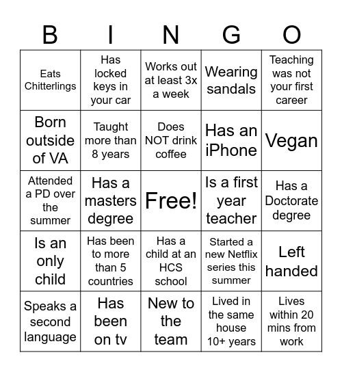 Teacher Icebreaker Bingo Card
