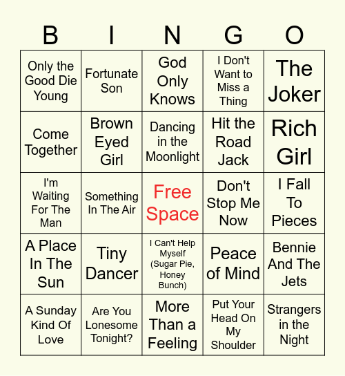 Classic Oldies Music Bingo Card