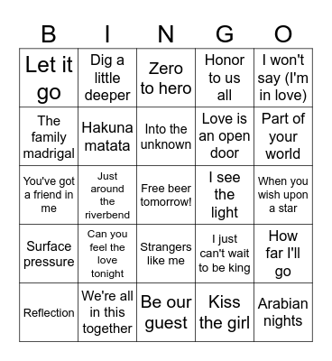 Disney Hits Bingo Card