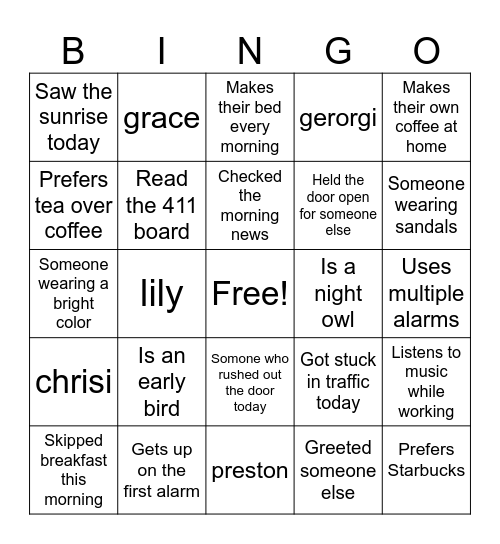 Breakfast Bingo Card