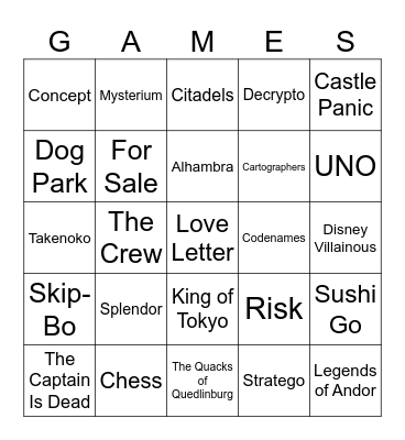 Board Game Bingo Card