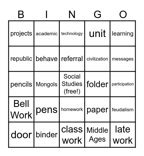 7th Grade Social Studies Bingo Card