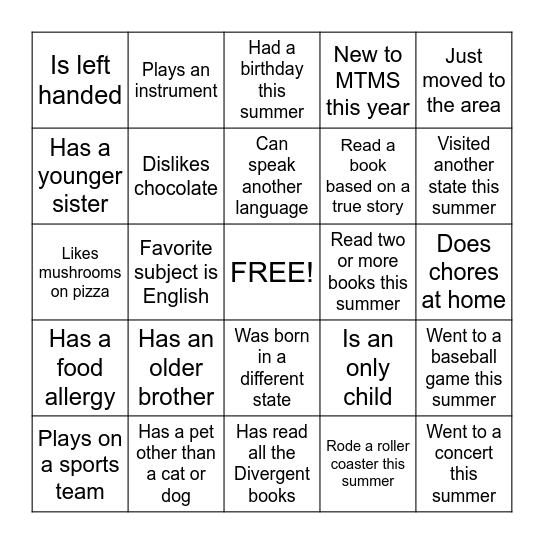 Getting to Know You Bingo Card