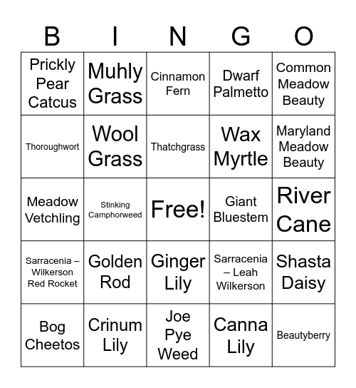 Bog Garden Bingo Card