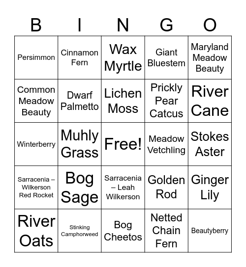 Bog Garden Bingo Card