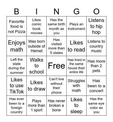 Middle School Bingo Card