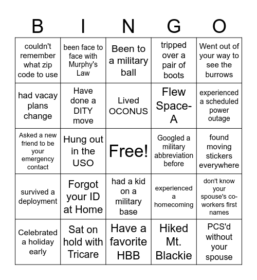Fort Irwin/Military Spouse Bingo Card