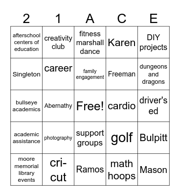 21st ACE Bingo Card