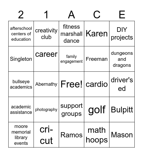 21st ACE Bingo Card