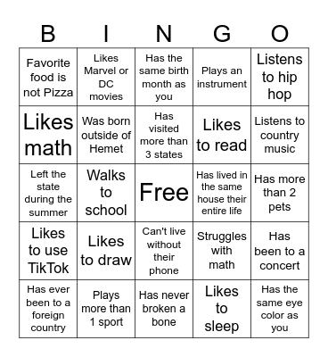 Middle School Bingo Card