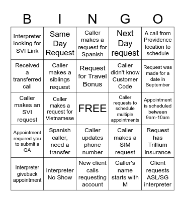 Linguava Call Center Bingo Card