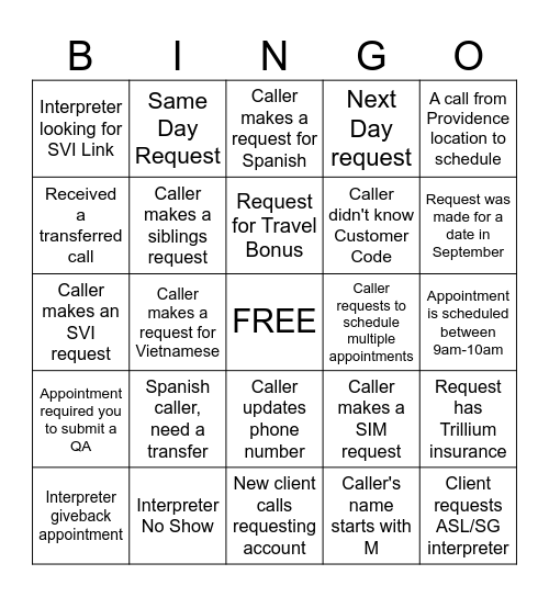 Linguava Call Center Bingo Card