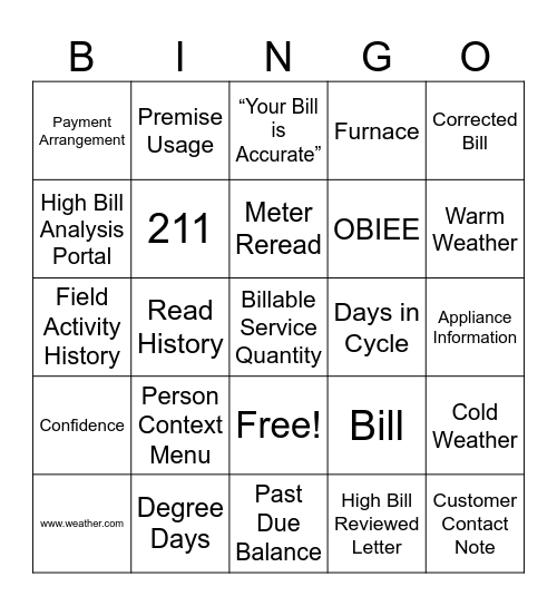High Bill Refresher Bingo Card