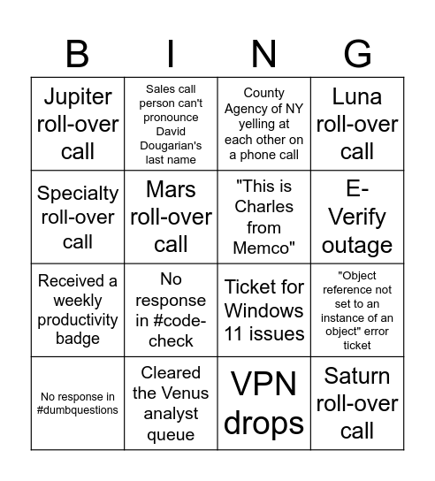 Venus Analyst Bingo Card