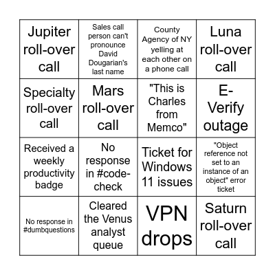 Venus Analyst Bingo Card
