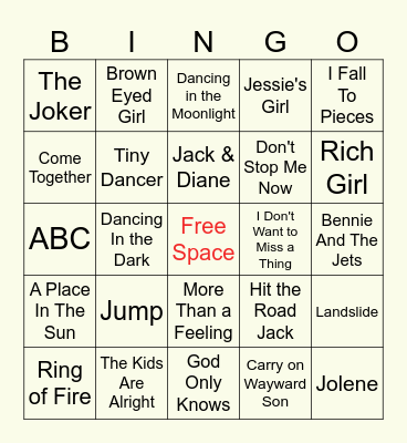 Classic Oldies Music Bingo Card