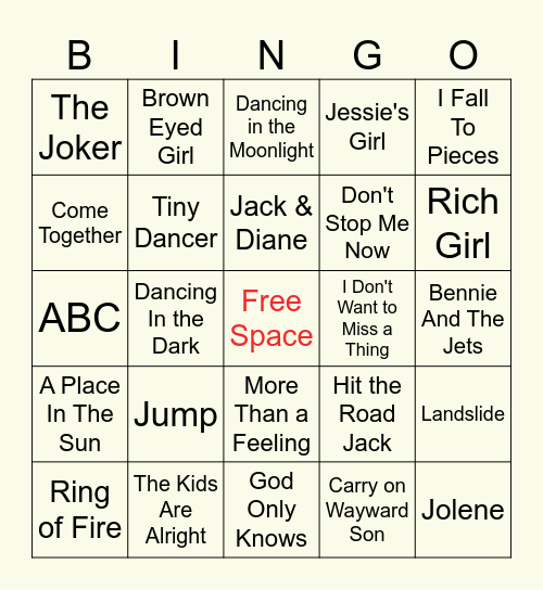 Classic Oldies Music Bingo Card