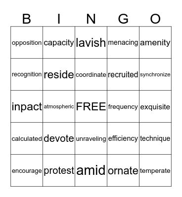 Vocabulary Level H Bingo Card