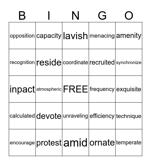 Vocabulary Level H Bingo Card