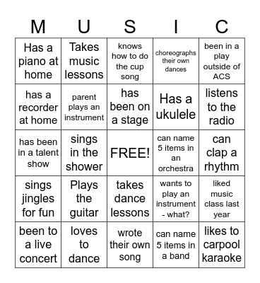 Getting to Know You Music Bingo Card