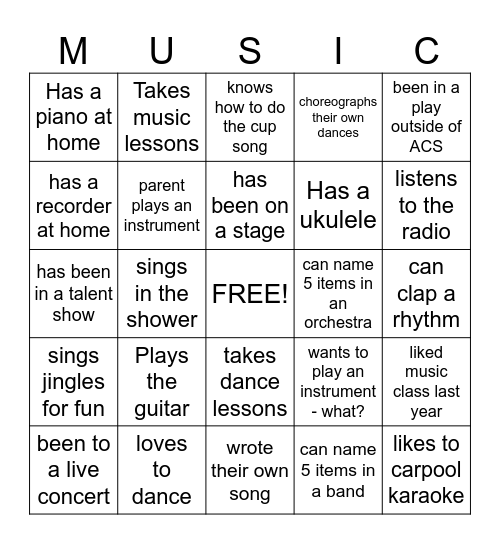 Getting to Know You Music Bingo Card