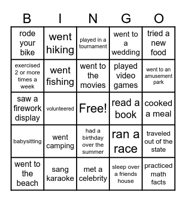 What did you do over the Summer!!!! Bingo Card