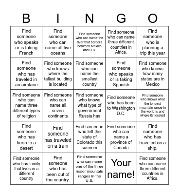 Get to know YOU Geography Bingo Card