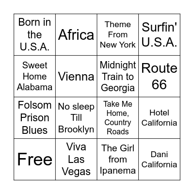 Songs About Places Bingo Card