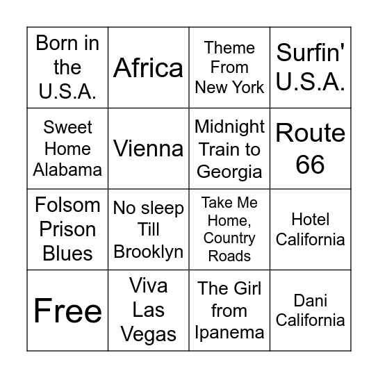 Songs About Places Bingo Card