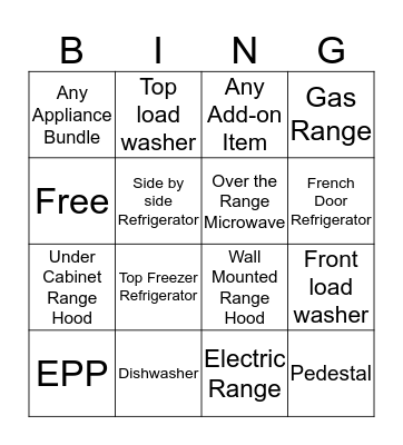 Major Appliances Bingo Card