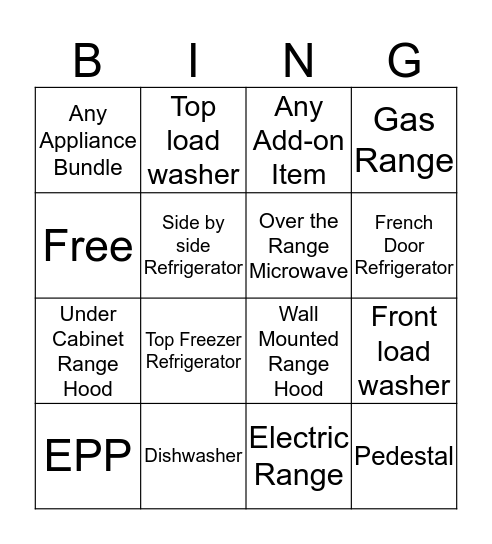 Major Appliances Bingo Card
