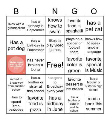 Beginning of Year BINGO Card