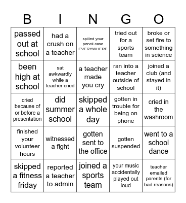 High School Bingo Card